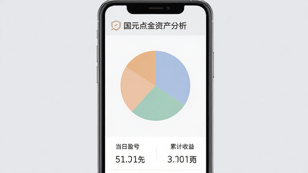 国元点金资产分析页面,手机屏幕显示饼状图展示持仓分布,下方有当日盈亏和累计收益数字,背景是浅灰色,图表颜色柔和,风格清晰直观,画质干净无多余元素
