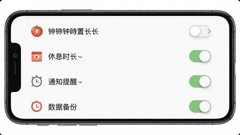һ��չʾ���Ѽƻ�App���ý�����ֻ���ͼ���ͼƬ���������г��˷�����ʱ�����á���Ϣʱ�����á�֪ͨ���ѿ��ء����ݱ���ѡ�����Ŀ����������б�ʽ���֣�ͼ���࣬����������������ɾ����䣬���������޶���Ԫ��