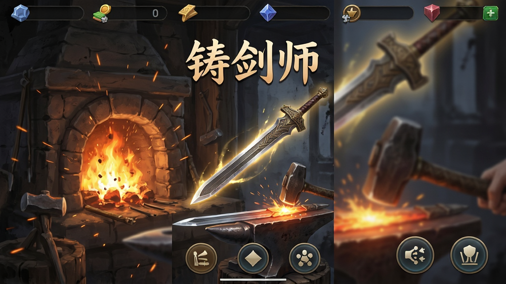 手机游戏界面截图,主标题“铸剑师”大字居中,背景是古代锻造炉火光四溅,铁锤敲打剑胚,画面主体是一把悬浮的发光古剑,布局为竖屏手游界面,顶部显示资源栏,底部是功能按钮,风格为国风水墨与写实结合,细节有火星飞溅、剑身纹理清晰,画质高清,干净无多余元素