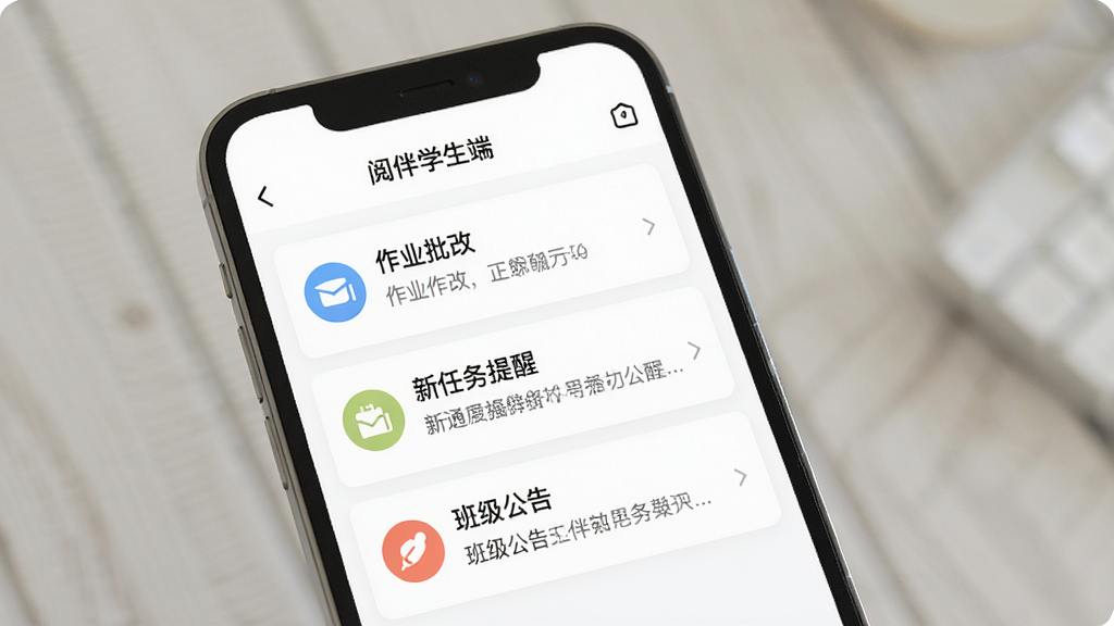 一张展示阅伴学生端消息通知界面的图片,手机屏幕内显示“阅伴学生端”的消息列表,包含作业批改通知、新任务提醒和班级公告三类消息卡片,每张卡片有对应图标和简短文字说明,界面背景为白色,文字清晰,布局整齐,风格简约现代,画质干净无多余元素