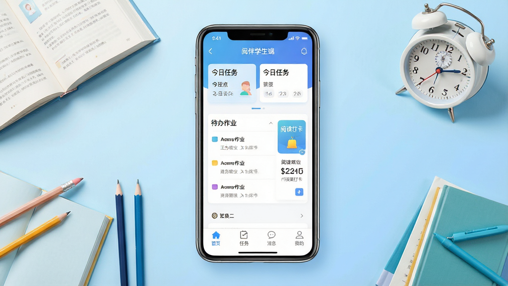 一张展示阅伴学生端App核心界面的全貌图,画面中央是手机屏幕,屏幕内显示“阅伴学生端”主界面,顶部有班级名称和今日任务卡片,中间是待办作业列表和阅读打卡入口,底部是首页、任务、消息、我的四个标签栏,背景是浅蓝色渐变,手机周围有书本、铅笔、闹钟等学习元素点缀,整体风格清新简洁,画质干净无多余元素