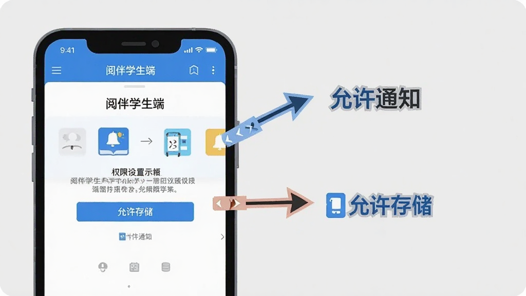 一张展示阅伴学生端在手机上安装和权限设置的步骤示意图,画面中手机屏幕显示“阅伴学生端”安装界面和权限授权弹窗,旁边有箭头标注“允许通知”和“允许存储”两个按钮,背景为浅灰色,风格为扁平化教程插图,画质干净无多余元素