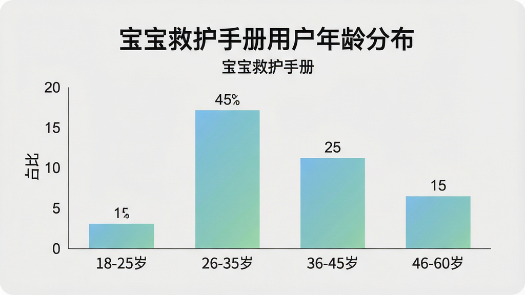 一张数据可视化柱状图,标题为“宝宝救护手册用户年龄分布”,横轴标注“18-25岁、26-35岁、36-45岁、46-60岁”,纵轴标注“占比”,柱子高度分别显示约15%、45%、25%、15%,柱子颜色采用柔和的蓝绿色渐变,背景为浅灰色,布局简洁清晰,风格是扁平化信息图表,细节包括数值标签清晰可见,画质干净无多余装饰,文字“宝宝救护手册”出现在图表标题下方。