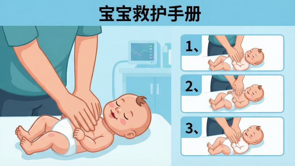 一幅卡通风格的动画演示截图,画面左侧是一个大人正在对婴儿模型演示海姆立克急救法的动作,右侧有分步骤的图文说明框,标注了“1、2、3”的步骤序号,背景是浅蓝色医疗风格,布局采用左图右文的分栏排版,风格是简洁明快的扁平插画风,细节包括人物手势清晰、婴儿模型表情安详,画质干净无杂乱元素,文字“宝宝救护手册”出现在顶部标题栏。