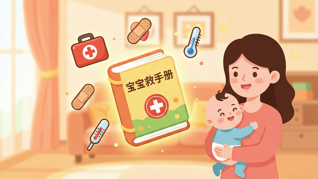 一张温馨的家庭客厅场景插画,画面中央悬浮着一本发光的卡通风格《宝宝救护手册》,书本周围环绕着急救箱、创可贴、温度计等小图标,一位年轻妈妈抱着宝宝站在旁边露出安心的笑容,背景是柔和的暖色调,布局采用居中对称排版,风格是扁平化卡通矢量风,细节圆润,画质干净清晰,无多余元素,文字“宝宝救护手册”醒目展示在书本封面。