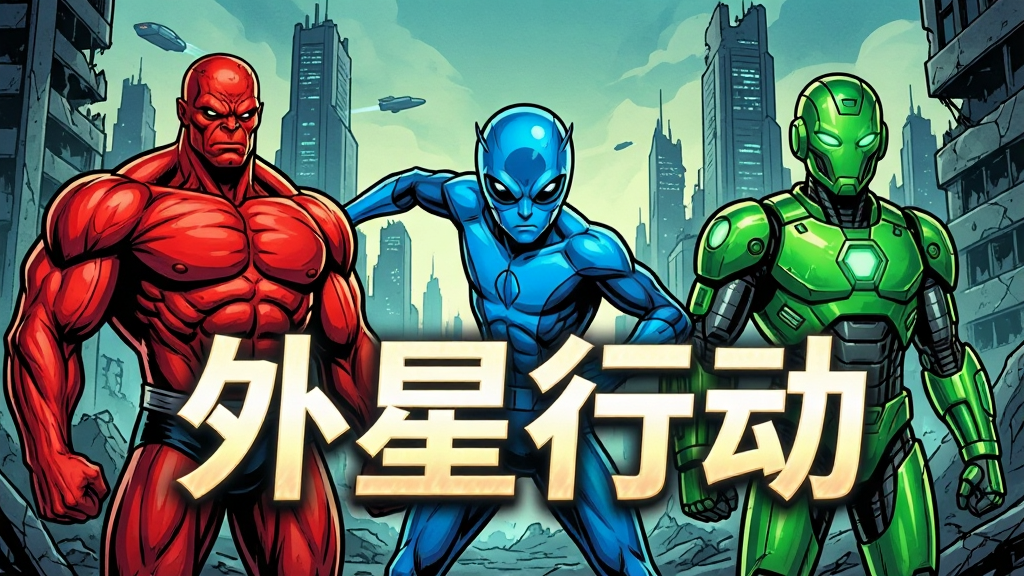 外星行动游戏宣传图,画面展示三个不同形态的外星英雄并排站立,左边是红色肌肉型英雄,中间是蓝色敏捷型英雄,右边是绿色科技型英雄,背景是未来感十足的城市废墟,画面中央用大号字体写着“外星行动”,文字带有发光特效,整体风格为美漫风格,色彩对比强烈,画质清晰,无多余元素