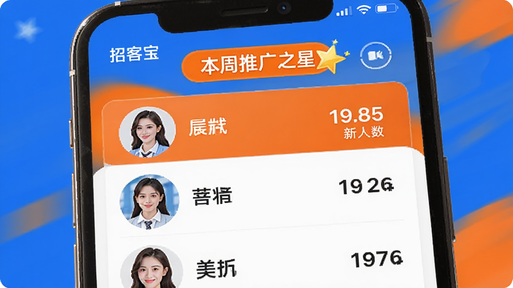 一张“招客宝”员工推广排行榜界面的图片,画面是手机屏幕截图风格,显示着员工头像、姓名和对应的拉新人数,顶部有“本周推广之星”的标签,配色是活力的橙色和蓝色,风格简洁明快