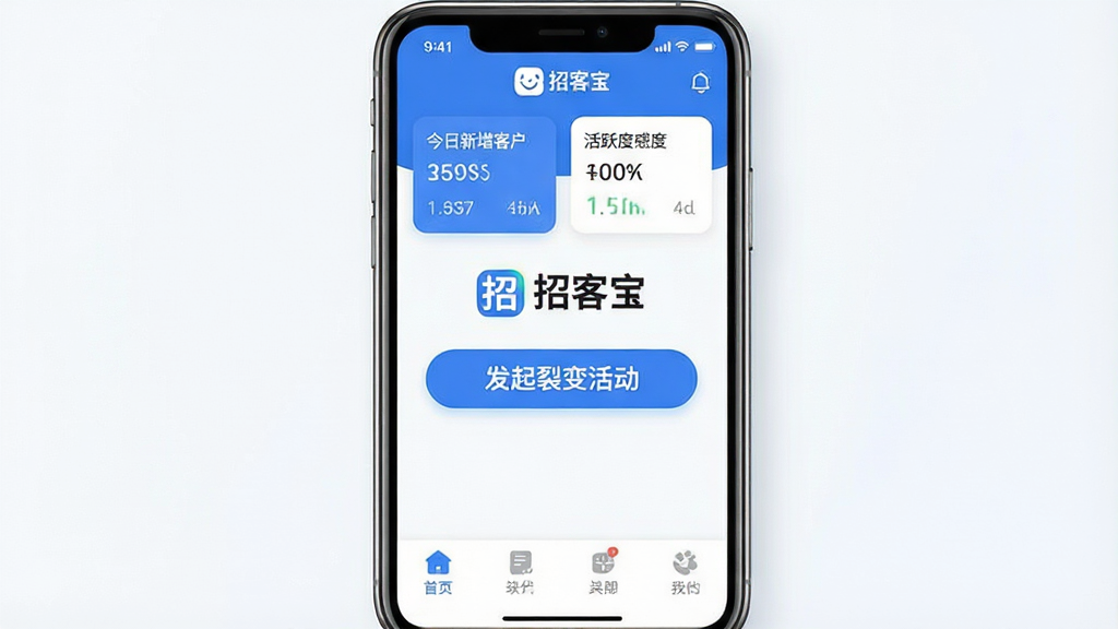 一张展示“招客宝”应用主界面的图片,画面中央是手机屏幕,屏幕上显示着“招客宝”的logo和名称,界面布局是顶部卡片展示今日新增客户和活跃度,中间是醒目的“发起裂变活动”按钮,底部是功能导航栏,风格是清爽的蓝白配色,扁平化设计,细节圆润,画质干净清晰,无多余元素