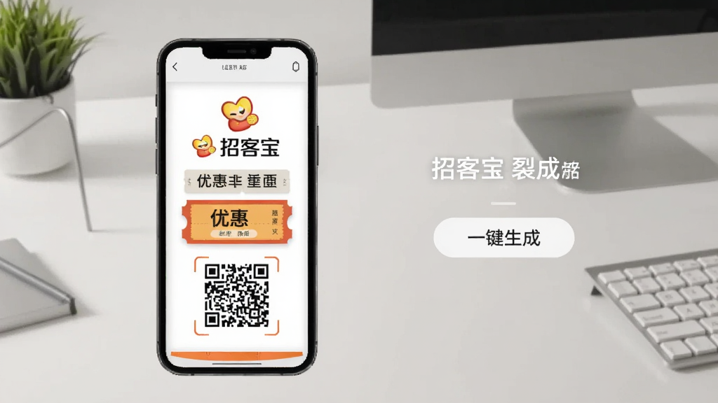 一张“招客宝”裂变海报生成界面的图片,画面中一部手机正在展示生成好的海报,海报上有店铺logo、优惠券样式和二维码,旁边有“一键生成”的按钮,背景是简洁的工作台,风格现代,画质干净