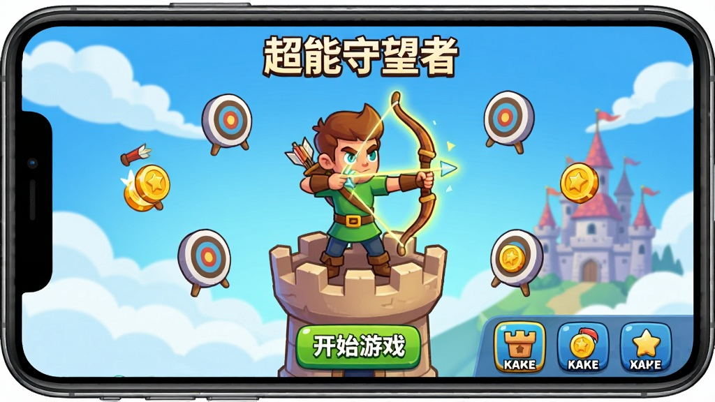 一张手机屏幕展示“超能守望者”游戏主界面,画面中央是一位手持发光弓箭的卡通弓箭手站在高塔上,四周有飘浮的靶子和金币图标,背景是蓝天白云和远处的城堡,界面底部有“开始游戏”按钮和关卡选择图标,风格为明亮卡通,画质干净,无多余元素
