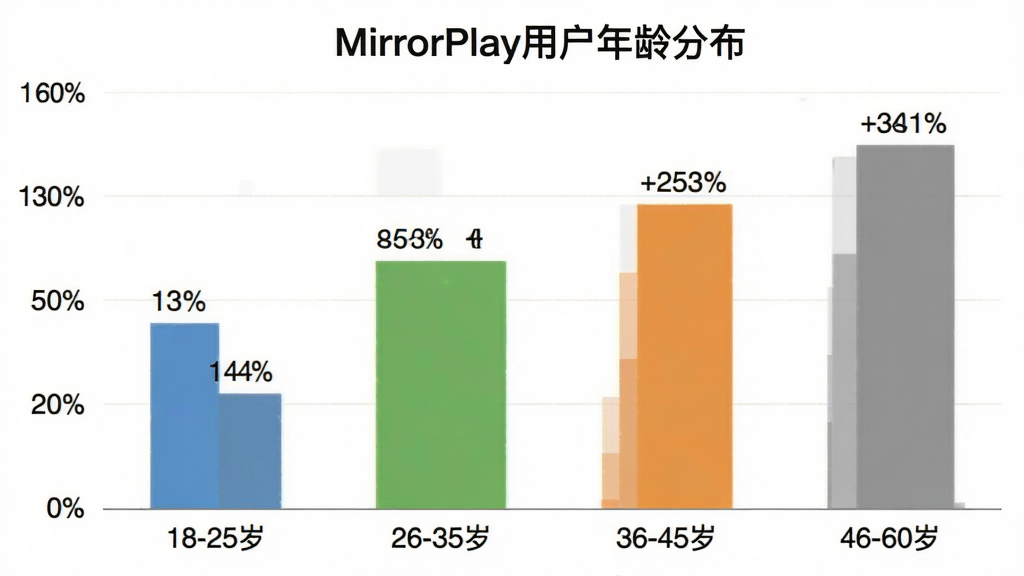 һ��MirrorPlay�û�����ֲ���״ͼ��ͼ������Ϊ��MirrorPlay�û�����ֲ���������Ϊ����Ρ�18-25�ꡱ��26-35�ꡱ��36-45�ꡱ��46-60�ꡱ������Ϊ�û�ռ�Ȱٷ�������״ͼ��ɫ�ֱ�Ϊ��ɫ����ɫ����ɫ����ɫ�����ּ��������������ݿ��ӻ���ϸ���������Ϸ����о���ٷֱ���ֵ�����ʸɾ����޶���Ԫ��