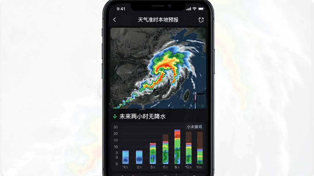 一张展示天气准时本地预报分钟级降水雷达图的手机截图图片,主体是手机屏幕,布局上中间是雷达回波图显示降雨云团移动,下方是分钟级降水柱状图,排版清晰,风格是科技感深色模式,细节上标注了“未来两小时无降水”和“天气准时本地预报”字样,画质干净无多余元素