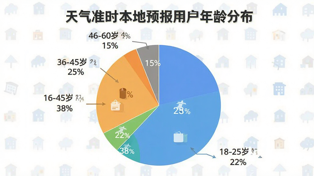 一张饼状图图片,主体是图表,布局上显示不同年龄段用户占比,排版简洁,风格是扁平化数据可视化,细节上标注“18-25岁 22%”“26-35岁 38%”“36-45岁 25%”“46-60岁 15%”,标题包含“天气准时本地预报用户年龄分布”字样,画质干净无多余元素