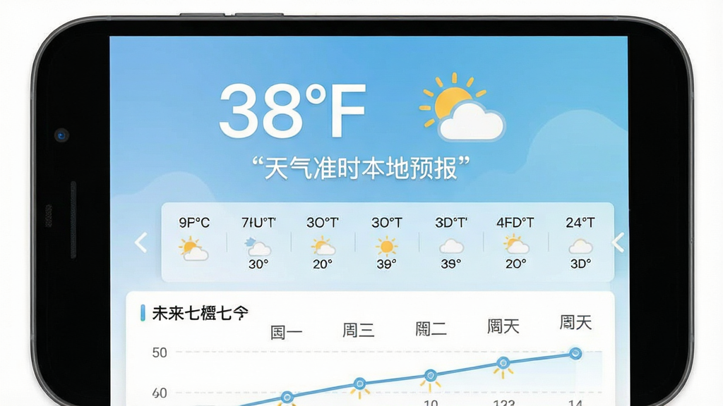 一张手机屏幕展示天气准时本地预报App主界面的图片,主体是手机,布局居中,排版上顶部显示大大的温度数字和天气图标,下方是逐小时预报横滑条和未来七天趋势图,风格是清爽的扁平化设计,细节上背景是淡蓝色渐变,文字清晰,画质干净无多余元素,图片中文字必须加引号,包含“天气准时本地预报”字样,干净无多余元素