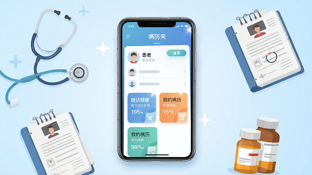 ������Ӧ��������ȫòչʾ������������һ�������ֻ�����Ļ��ʾ�������С�APP����ҳ�����ְ��������б���������ѡ��ҵĲ����ȿ�Ƭģ�顣�ֻ���Χ����������������������ҩƿ��ҽ��Ԫ�ز廭�������Ű���þ��й�ͼ�����Ϊ�ִ���ƽ��ҽ�ƿƼ��磬ϸ�����ֻ���Ļ������΢�߹⣬����Ϊ�ɾ���ǳ��ɫ���䣬�����������޶���Ԫ�ء�