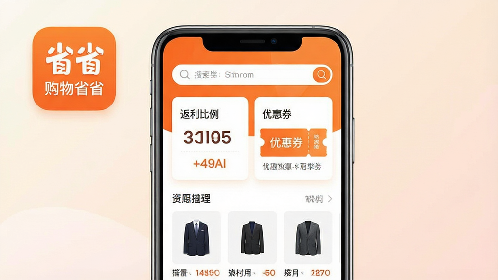 一张展示“购物省省”App核心界面的图片,画面中央是一部智能手机,手机屏幕上显示着“购物省省”的App图标和主界面,界面设计简洁,以橙色和白色为主色调,顶部有搜索框,中间是醒目的“返利比例”和“优惠券”卡片,底部是商品列表,背景是柔和的浅色渐变,整体风格现代、干净,画质清晰,无多余元素