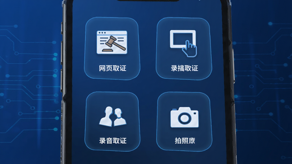 权利卫士 多场景取证功能示意图 包含网页取证 录屏取证 录音取证 拍照取证四个图标 手机界面展示 科技感蓝色调 画质干净