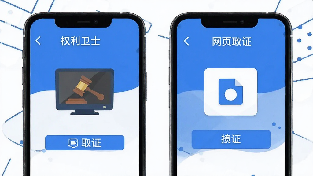 权利卫士 手机应用主界面 展示录屏取证和网页取证功能入口 蓝白配色 布局简洁 扁平化设计 画质清晰 无多余元素