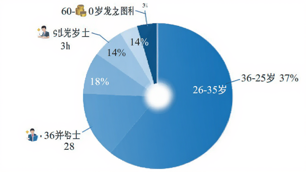 权利卫士 用户年龄分布饼状图 18-25岁18% 26-35岁37% 36-45岁28% 46-60岁14% 60岁以上3% 数据可视化 蓝色系配色 干净简洁
