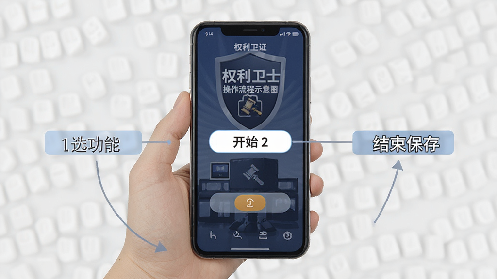 权利卫士 操作流程示意图 三步完成取证 界面标注1选功能 2点开始 3结束保存 手机屏幕展示 简洁明了 画质清晰