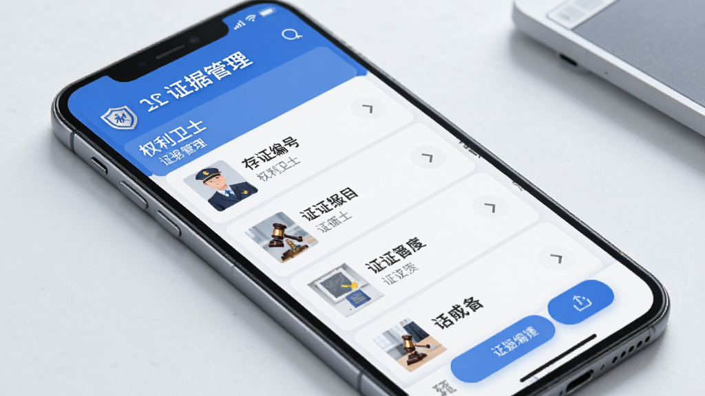 权利卫士 证据管理界面 展示证据列表和存证编号 手机屏幕 蓝色主色调 布局清晰 画质干净