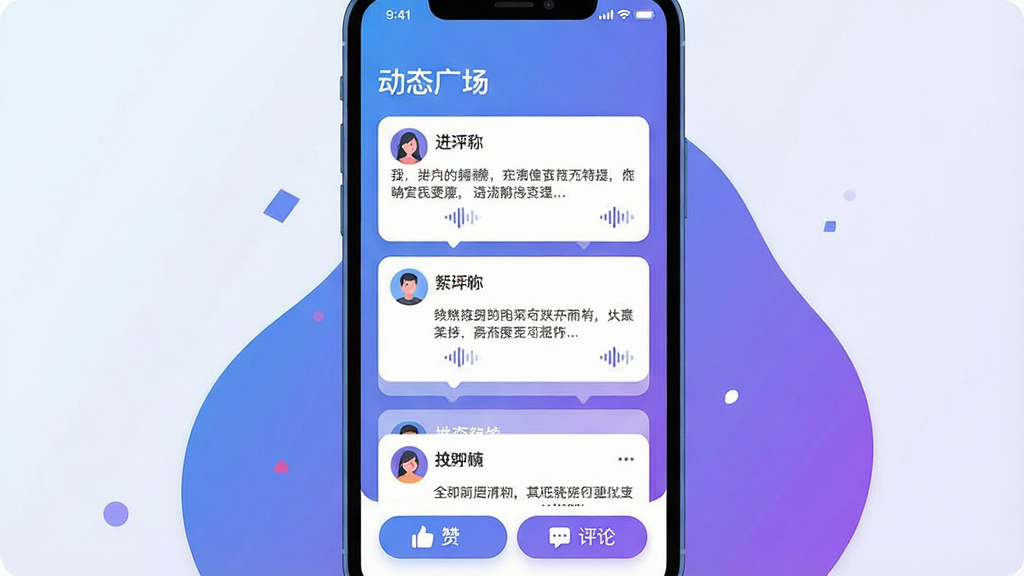 һ��չʾ����Ȧ��App��̬��������Ĳ廭���������ֻ���Ļ����ʾ�ٲ�����̬��Ƭ��ÿ�ſ�Ƭ�����û�ͷ���ǳơ��������ݺ���������ͼ�꣬�����С���̬�㳡�����⣬�ײ��е��޺����۰�ť������ִ���ƽ�������Ͻ���ɫ�������ʸɾ��������޶���Ԫ��