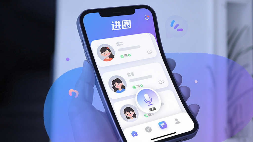 һ��չʾ����Ȧ��App���Ľ�����ֻ���ͼ���廭��������һ�������ֻ�����Ļ����ʾ�������ѷ����б����û�ͷ��Ƭ�����������������С���Ȧ������Logo���м��Ƿ��俨Ƭ����˷�ͼ�꣬�ײ�Ϊ������������ִ���ƽ����ϸ��Բ�����Ͻ���ɫ�������ʸɾ��������޶���Ԫ��