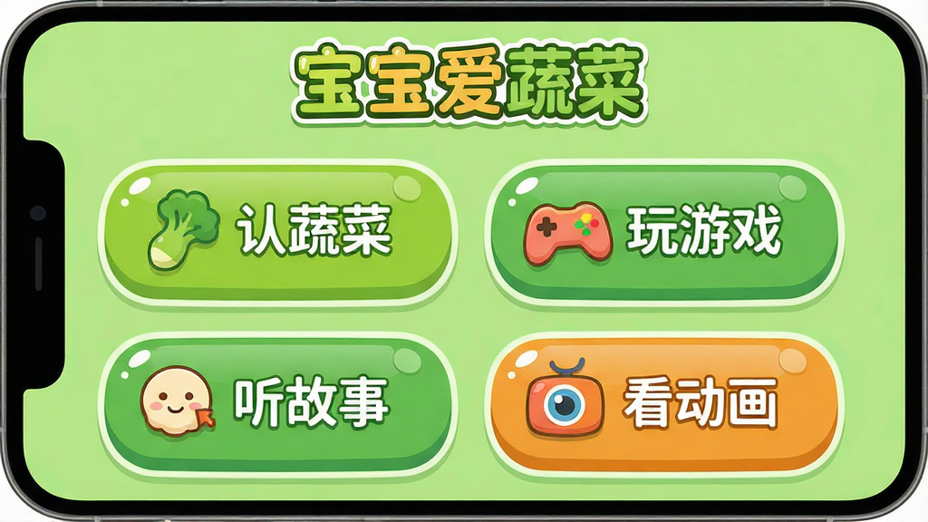 一张“宝宝爱蔬菜”App主界面截图,画面主体是一个卡通风格的首页,上方有“宝宝爱蔬菜”的Logo,中间是四个大按钮分别是“认蔬菜”“玩游戏”“听故事”“看动画”,布局为上下结构,风格是简洁明快的扁平化设计,细节上按钮有圆角和高光,背景是浅绿色,画质干净清晰,无多余元素