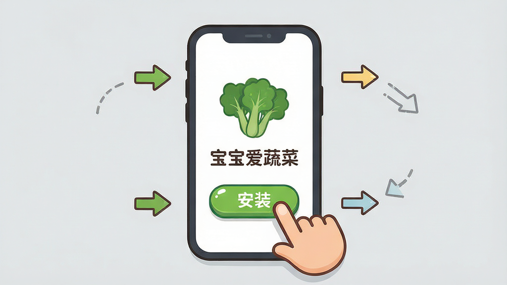 一张卡通风格的手机操作示意图,画面主体是一部智能手机,屏幕上显示“宝宝爱蔬菜”的安装界面,旁边有一个卡通手指正在点击“安装”按钮,布局为手机居中,周围有箭头指示操作步骤,风格是扁平化图标风格,细节上手机有圆角屏幕,按钮有高光,背景是浅灰色,画质干净清晰,无多余元素