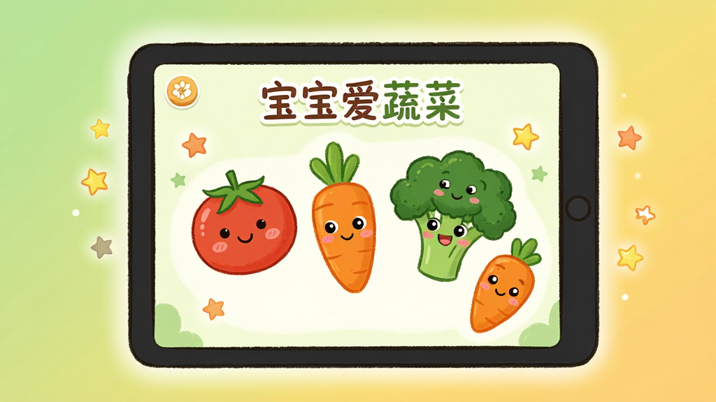 一张温馨的儿童早教场景插画,画面中央是一台平板电脑,屏幕上显示着“宝宝爱蔬菜”的App界面,界面里有卡通西红柿、胡萝卜、西兰花等蔬菜角色在微笑,周围有柔和的光晕和漂浮的小星星,布局为居中展示平板,背景是浅绿色和暖黄色的渐变,风格是卡通手绘风,细节上蔬菜角色有可爱的眼睛和腮红,画质干净清晰,无多余元素