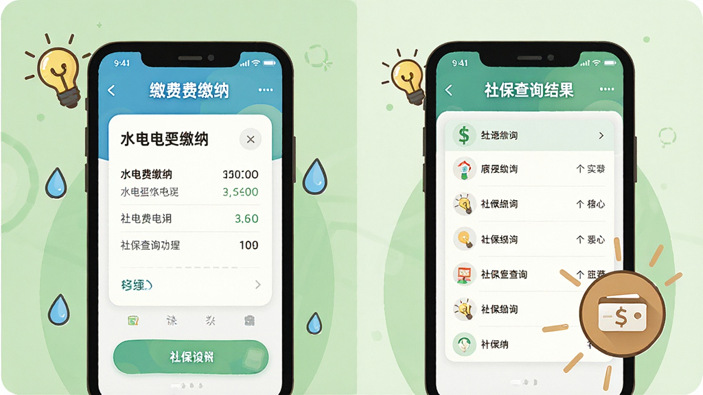 һ��չʾ�㶫ũ��APP����ɷ����籣��ѯ���ܵĲ廭���������ֻ���Ļ��ʾˮ��ѽ���ҳ����籣ͼ�ꡣ���ֲ������ҷ���������ǽɷѽ��棬�ұ����籣��ѯ������Ű�����������ܰ�����ϸ���ϴ���С���ݡ�ˮ�εȿ�ͨԪ�ص�׺������Ϊǳ��ɫ�����ʸɾ����޶���Ԫ�ء�