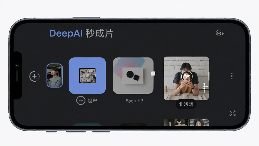 DeepAI秒成片在手机上运行时的操作界面,展示用户正在选择模板和上传照片,手机屏幕居中,界面布局清晰,风格现代,细节圆润,画质干净,无多余元素