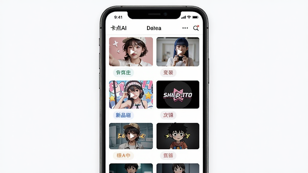 DeepAI秒成片应用内的模板选择界面,展示多个视频模板缩略图,包括卡点、变装、动漫等分类标签,手机屏幕居中,界面布局采用网格排列,风格清新明亮,细节清晰,画质干净,无多余元素