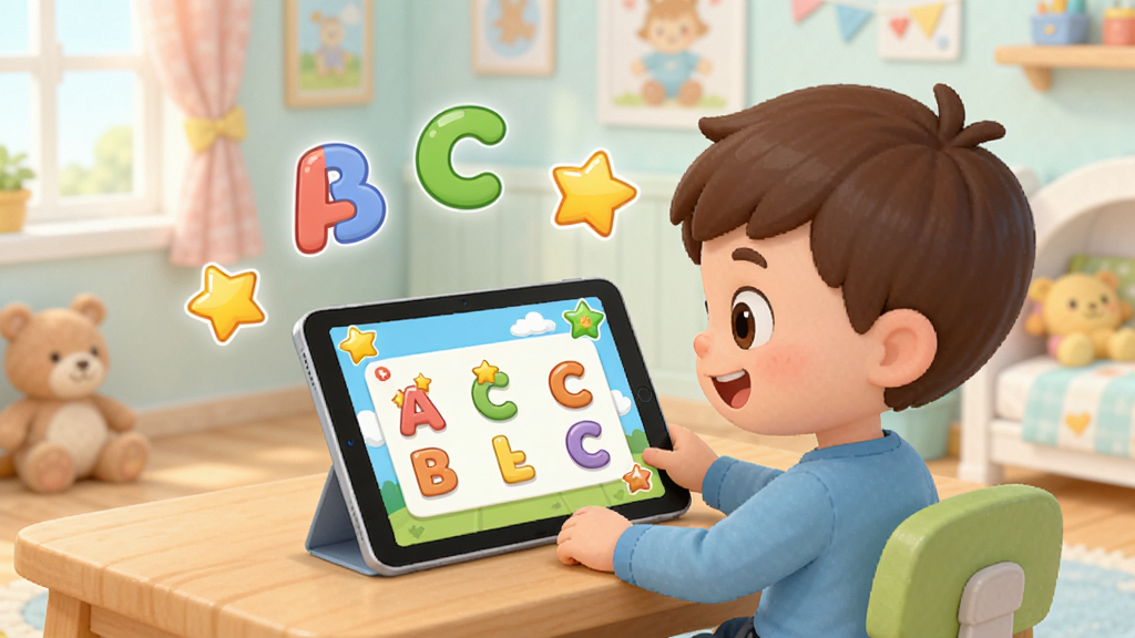 HifurkidӦ���ڶ�ͯѧϰ������ͼ������չʾһ����ͨС�к���������ǰʹ��ƽ����ԣ���Ļ����ʾHifurkid����ĸѧϰ���棬��Χ��Ư����ABC��ĸ�����ǽ���ͼ�꣬��������ܰ�Ķ�ͯ�����ã�����������ã�ɫ����ͣ����������ɾ����޶���Ԫ��