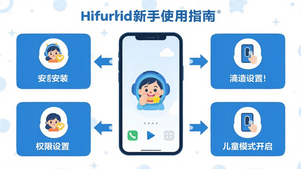 Hifurkid����ʹ��ָ��ʾ��ͼ���������ֻ���ĻΪ���ģ���Χ�ü�ͷ��ע��װ���衢Ȩ�����úͶ�ͯģʽ���������̣�ÿ���������м���ͼ��˵���������Ű�����ֱ�ۣ�����ƽ����ƣ�ɫ��������Ϊ�������ʸɾ����޶���Ԫ��