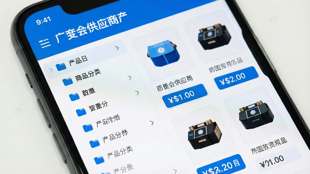 一张手机屏幕特写,显示“广交会供应商”的产品管理界面,左侧是产品分类文件夹,右侧是产品缩略图和价格标签,界面以蓝色和白色为主,排版整洁,图标清晰,风格现代,画质干净无多余元素