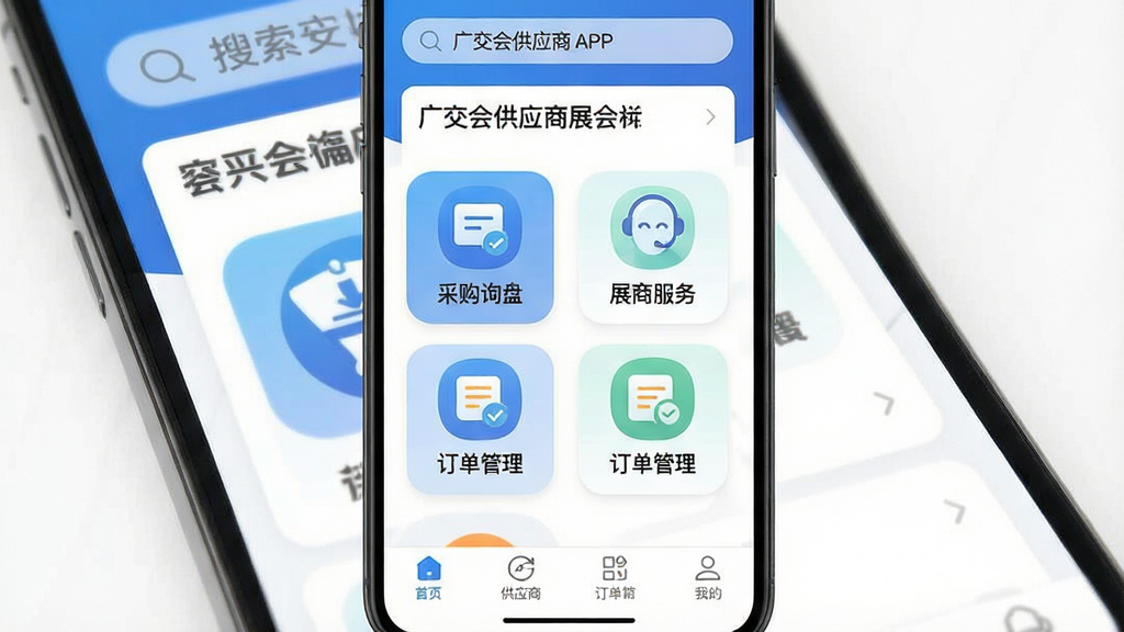 一张手机应用界面截图,画面中心是“广交会供应商”APP的首页,背景是简洁的蓝白配色,顶部有搜索栏和展会名称,中间是功能图标网格,包括“采购询盘”、“展商服务”、“订单管理”,底部是导航栏,整体风格现代扁平,图标圆润清晰,画质干净,无多余元素