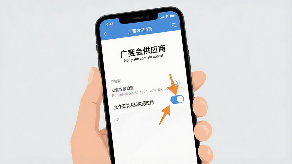 一张手机屏幕示意图,画面中一只手拿着手机,屏幕上显示“广交会供应商”的安装权限设置界面,有箭头指向“允许安装未知来源应用”的开关,背景是浅灰色,风格简洁明了,画质干净