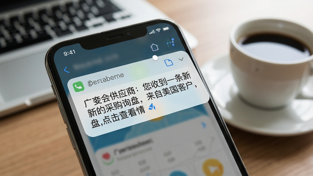 一张手机通知栏弹出消息的界面图,通知内容显示“广交会供应商:您收到一条新的采购询盘,来自美国客户,点击查看详情”,手机背景是办公桌,旁边有一杯咖啡,风格写实,画质清晰