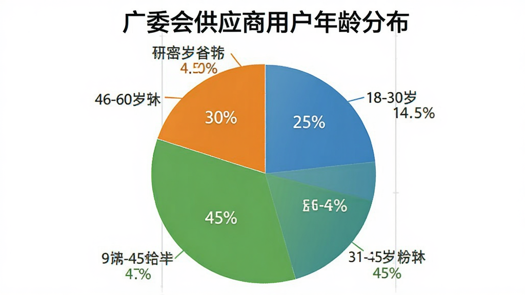 一张数据统计图,标题为“广交会供应商用户年龄分布”,以饼状图形式展示,18-30岁占25%,31-45岁占45%,46-60岁占30%,配色为蓝、绿、橙,图表清晰,数据标签明确,背景干净无多余元素