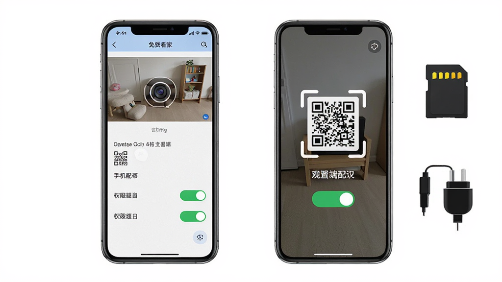 手机监控看家免费安装设置教程示意图,画面中一部手机显示作为摄像头的设置界面,另一部手机显示观看端扫码配对界面,旁边有内存卡和充电器图标,风格步骤清晰,细节上体现配对码和权限开关,画质干净,无多余元素