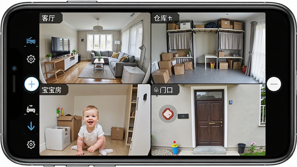 手机监控看家免费多设备管理界面展示,画面中一个手机屏幕显示四个监控画面分割布局,每个画面上方有设备名称标签如客厅、仓库、宝宝房、门口,风格清晰直观,细节上体现多路预览和切换按钮,画质干净,无多余元素