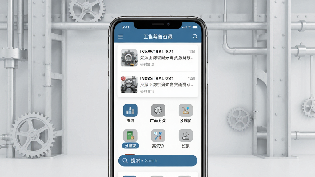 一张展示荣格工业资源App核心界面的手机样机图,手机屏幕中显示工业资讯列表、产品分类图标和搜索栏,背景是干净的浅灰色工业风,画面主体突出手机屏幕内容,布局居中,风格简洁现代,细节清晰,画质干净无多余元素