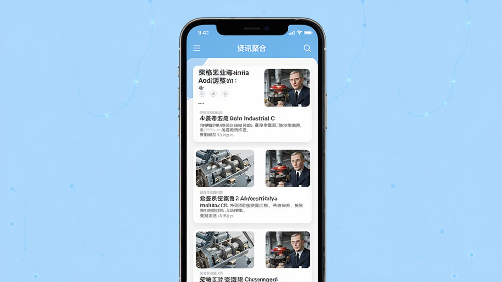 荣格工业资源App的资讯聚合页面展示,手机屏幕中呈现多篇工业文章卡片,卡片上有标题、摘要和缩略图,背景是简洁的白色与浅蓝配色,整体排版整齐,风格商务科技感,画质干净清晰