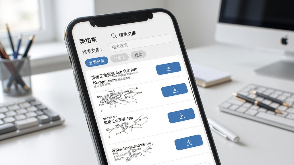 荣格工业资源App的技术文库界面,手机屏幕显示文档列表和下载按钮,页面有分类标签和搜索框,背景是简洁的办公桌面场景,风格干净专业,细节清晰,画质明亮