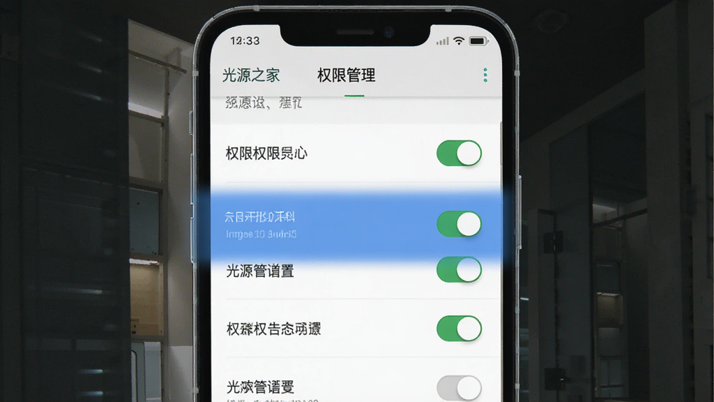 一张“光源之家”软件在手机设置中权限开启步骤的示意图,主体是手机屏幕显示权限管理列表,布局为垂直排列的权限项,排版清晰,风格为扁平化UI,细节上高亮显示了需要开启的开关,画质干净,无多余元素。