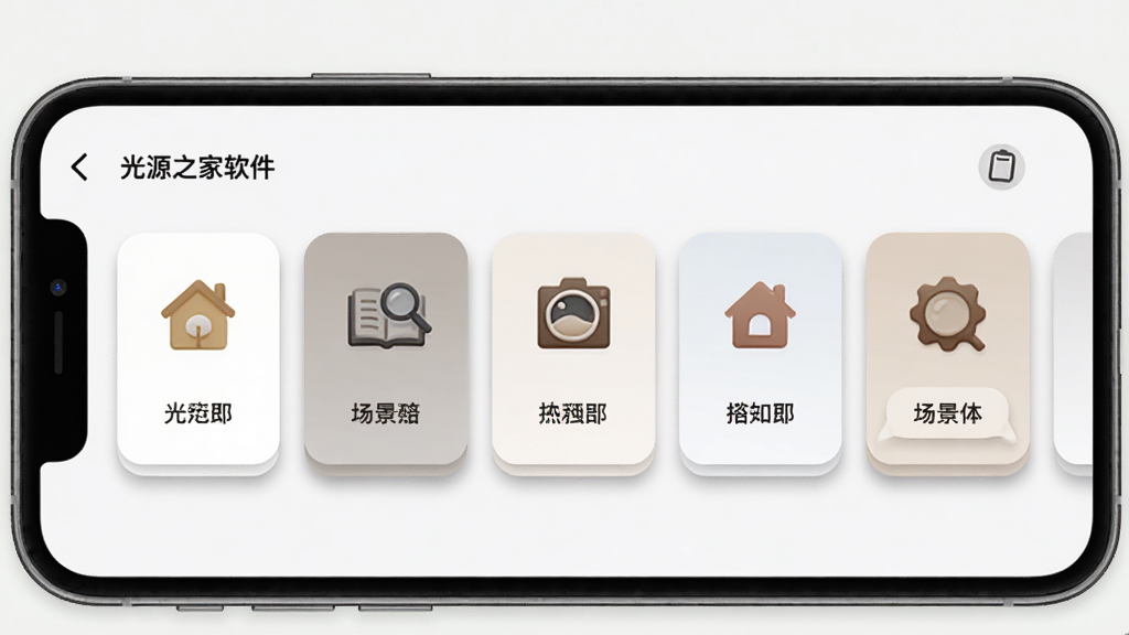 一张“光源之家”软件内多种场景模式选择界面的示意图,主体是手机屏幕显示一排卡片式模式选项,布局为横向排列的卡片,每张卡片代表一个场景并配有图标,排版整齐,风格为轻拟物化设计,细节上卡片边缘有柔和阴影,画质干净,无多余元素。