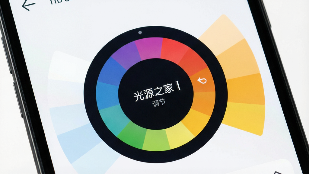 一张展示“光源之家”软件内部色温调节界面的特写图,主体是手机屏幕上的圆形色温调节盘,布局是调节盘位于屏幕中央,周围环绕着代表冷白和暖黄的色块,排版突出交互区域,风格为现代扁平化,细节上调节盘有细腻的渐变过渡,画质干净,无多余元素。