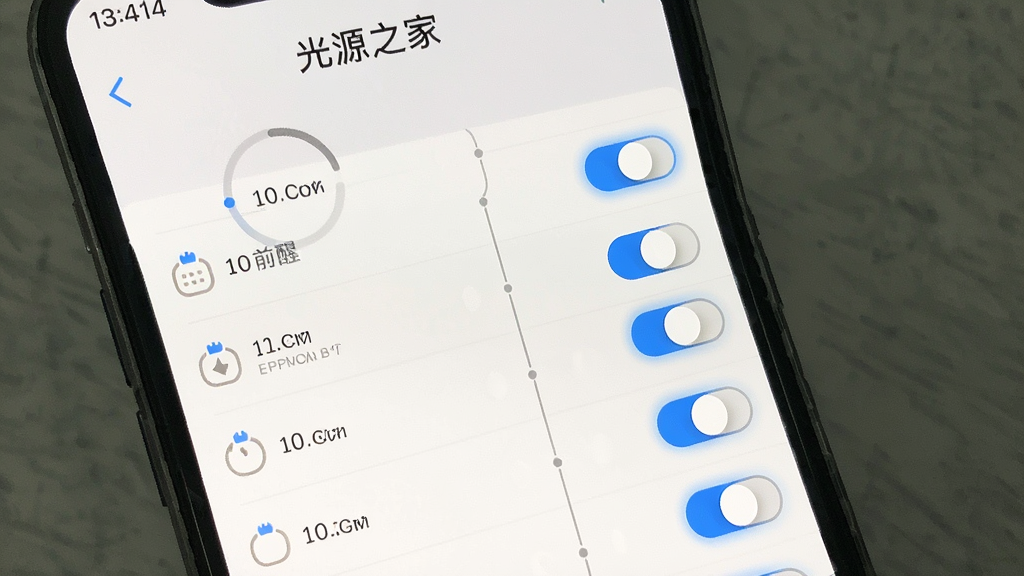 一张展示“光源之家”定时与提醒设置界面的手机截图,主体是手机屏幕上的时间轴和开关按钮,布局为垂直列表形式,排版清晰,风格为极简主义,细节上开关按钮有蓝色高亮状态,画质干净,无多余元素。