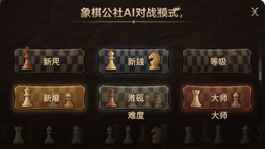一张展示象棋公社AI对战模式选择界面的图片,画面中显示多个难度等级按钮从新手到大师,每个按钮旁边有对应的棋子图标,背景是深色木质纹理,风格沉稳专业,细节清晰,画质干净无多余元素